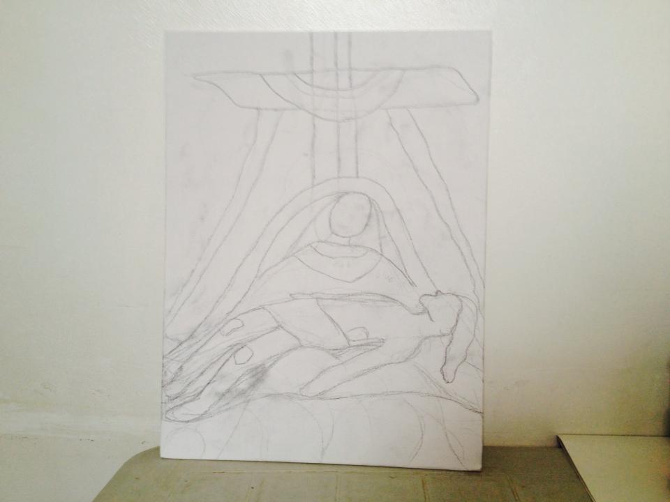 First step in painting on canvas: Outline