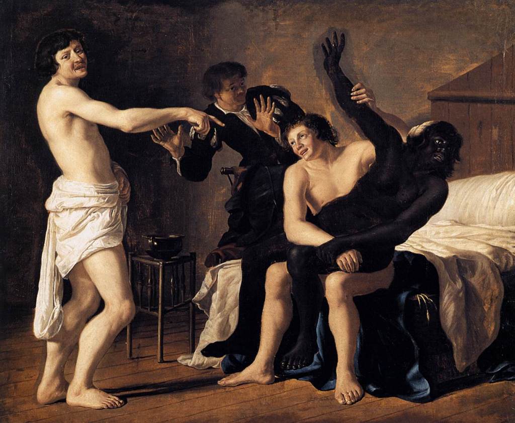 Three Young White Men and a Black Woman. Artwork by Christiaen van Couwenbergh
