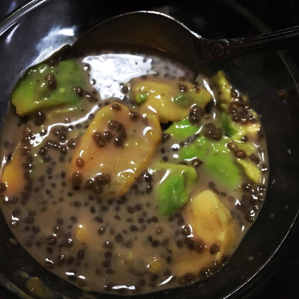 Avocado, Mango and Banana in Soymilk and Chia seeds.