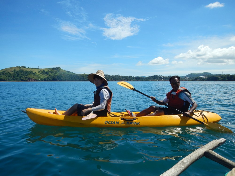 Paddling at sea with my crew mate.