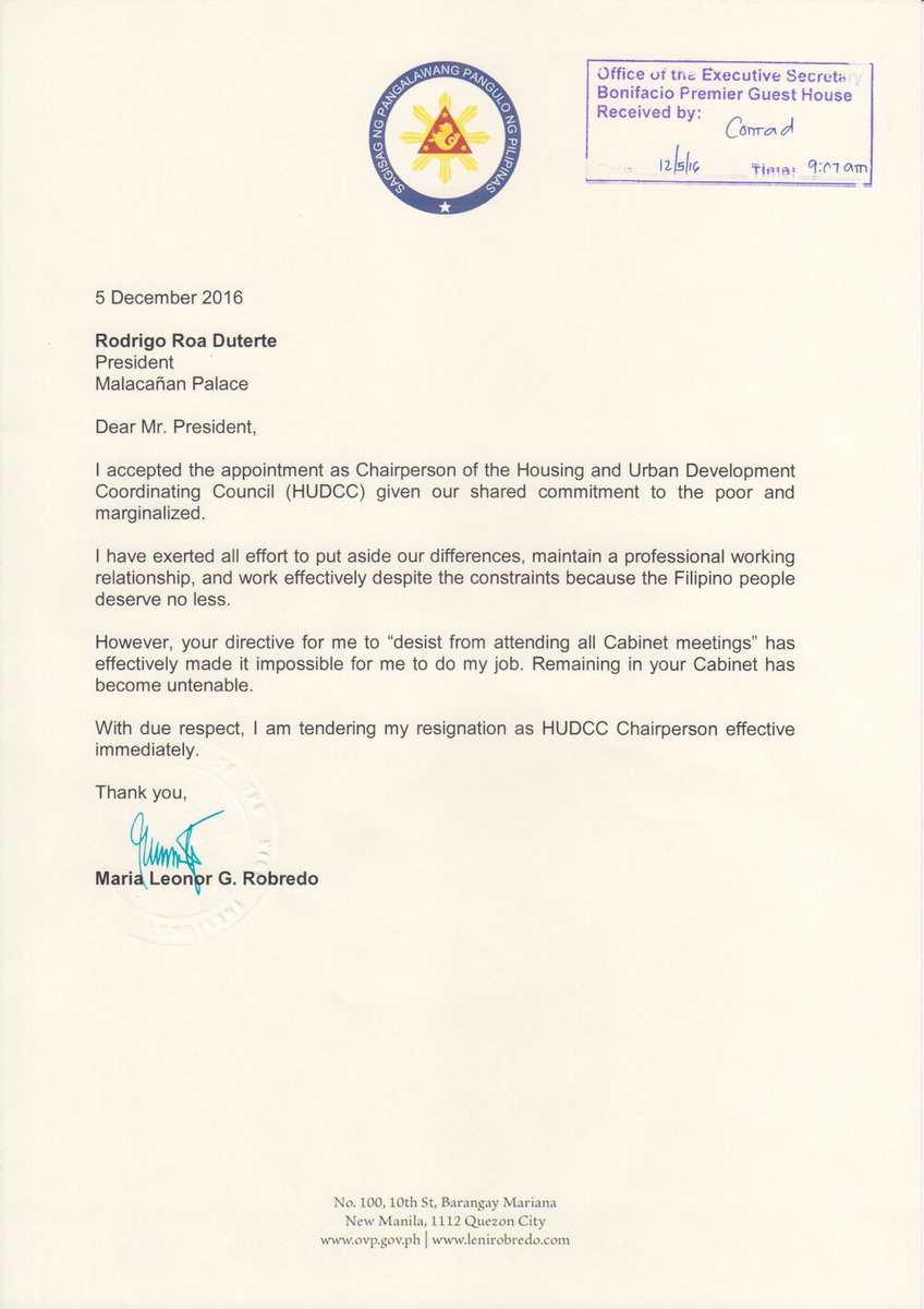 VP Leni Robredo's letter of resignation as HUDCC Secretary.